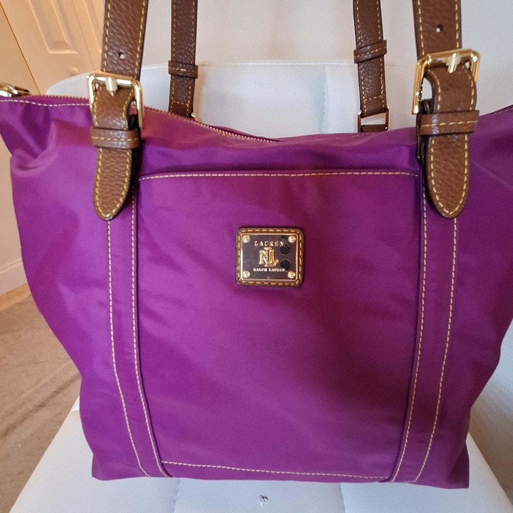 Ralph Lauren Purple Magenta Nylon Tote Shoulder Bag With Brown Straps - Picture 2 of 10